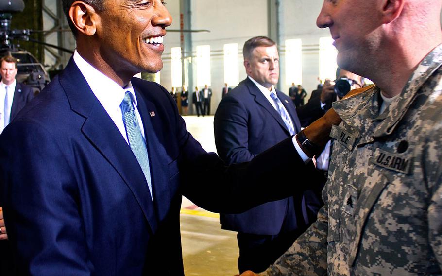 Sgt. Richard Z. Pyle shakes hands with President Barack Obama during a troop event held Sept. 3, 2014, in Tallinn, Estonia. Pyle is a Pittsburgh native and member of Company B, 2nd Battalion, 503rd Infantry Regiment, 173rd Airborne Brigade.