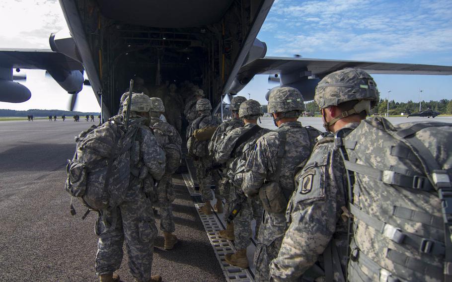 Paratroopers of 1st Battalion, 503rd Infantry Regiment, 173rd Airborne Brigade board a U.S. Air Force C-130 for departure from Lielvarde Airbase, Latvia, Sept. 8, 2014, at the conclusion of NATO exercise Steadfast Javelin II. NATO paratroopers occupied the airbase for several days to launch follow-on operations after "seizing" it the night of Sept. 5, 2014.