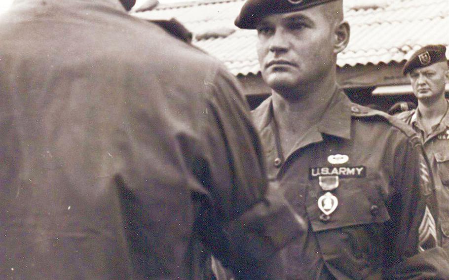Command Sgt. Maj. Bennie Adkins, shown here receiving the Purple Heart while serving in Vietnam, will receive the Medal of Honor Sept. 15 for distinguishing himself during combat operations March 9-12, 1966. He was drafted in 1956 and deployed to Vietnam three times between February 1963 and December 1971.