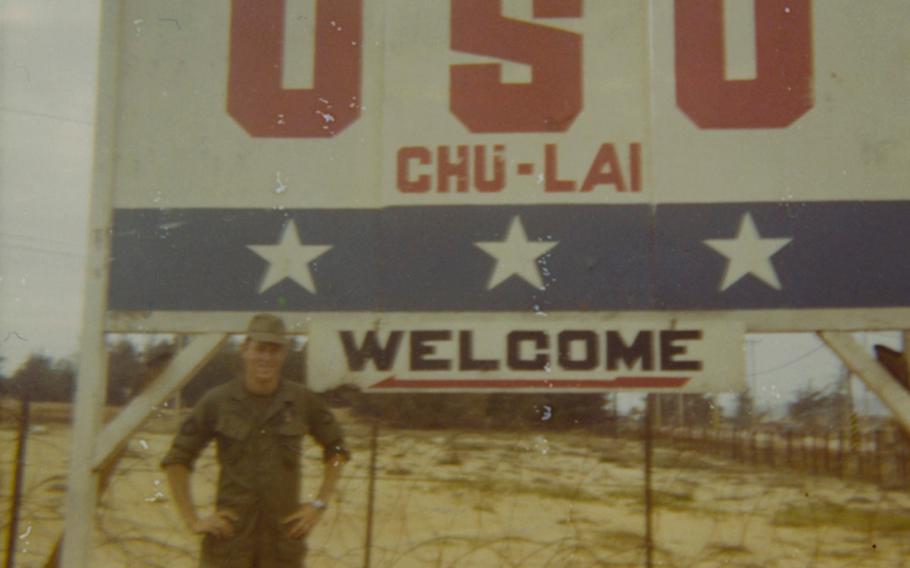 Donald P. Sloat attending a USO show in Chu Lai, Vietnam.