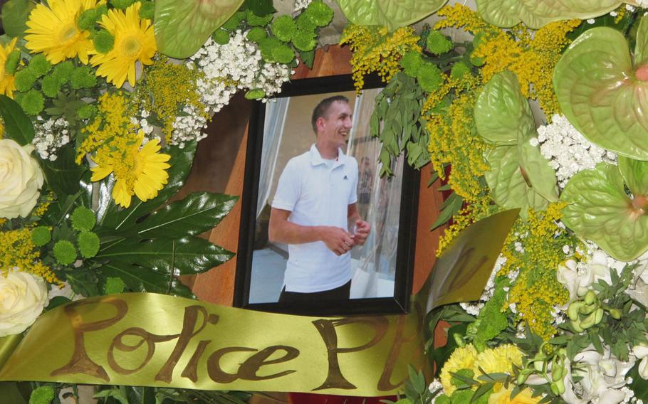 Spc. Harley Reynolds in a photograph shown at his memorial service on Friday, Sept. 12, 2014, at U.S. Army Garrison Vicenza. Reynolds, a military police officer who enlisted in 2008, died Sept. 6 after his motorcycle hit a truck.