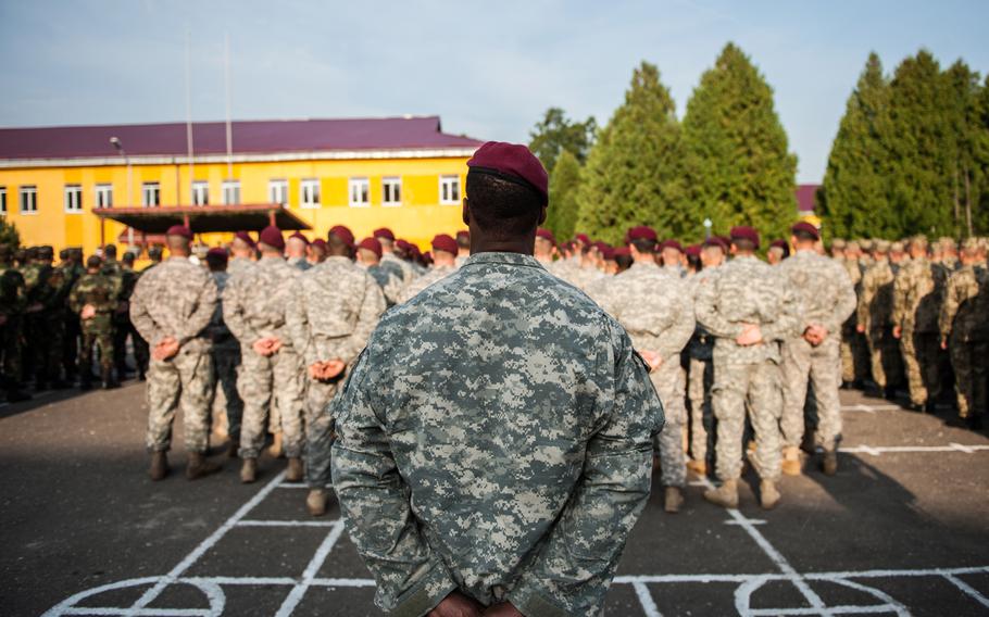 A Soldier from the 173rd Airbone Brigade stands in formation during Exercise Rapid Trident's opening ceremony in Yavoriv, Ukraine, Sept. 15, 2014. Rapid Trident is an annual multinational exercise conducted by U.S. Army Europe,  designed to enhance interoperability with allied and partner nations while promoting regional stability and security.