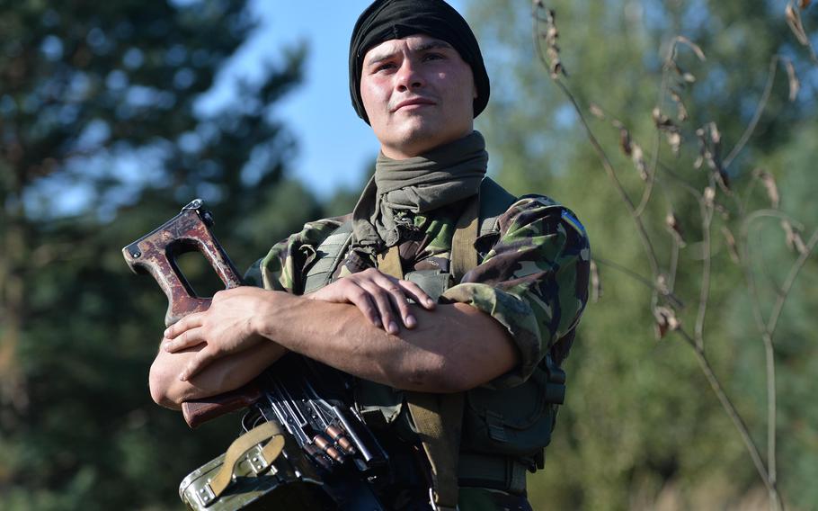 Ukrainian army cadet Mykhailo Kutniy was among those portraying an opposing force that ambushed American soldiers from the 173rd Airborne Brigade, Thursday, Sept. 18, 2014, at Exercise Rapid Trident near Yavoriv, Ukraine.
