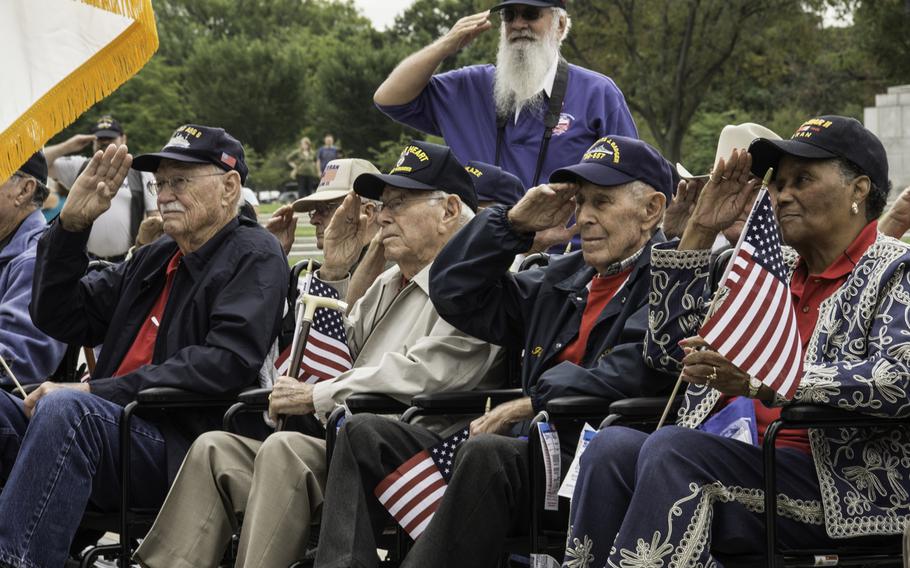 Members of the Joint Armed Forces Color guard provide ceremonial support to Honor Flight San Antonio de Valero, Sept. 13, 2014, at the World War 2 Memorial in Washington D.C.