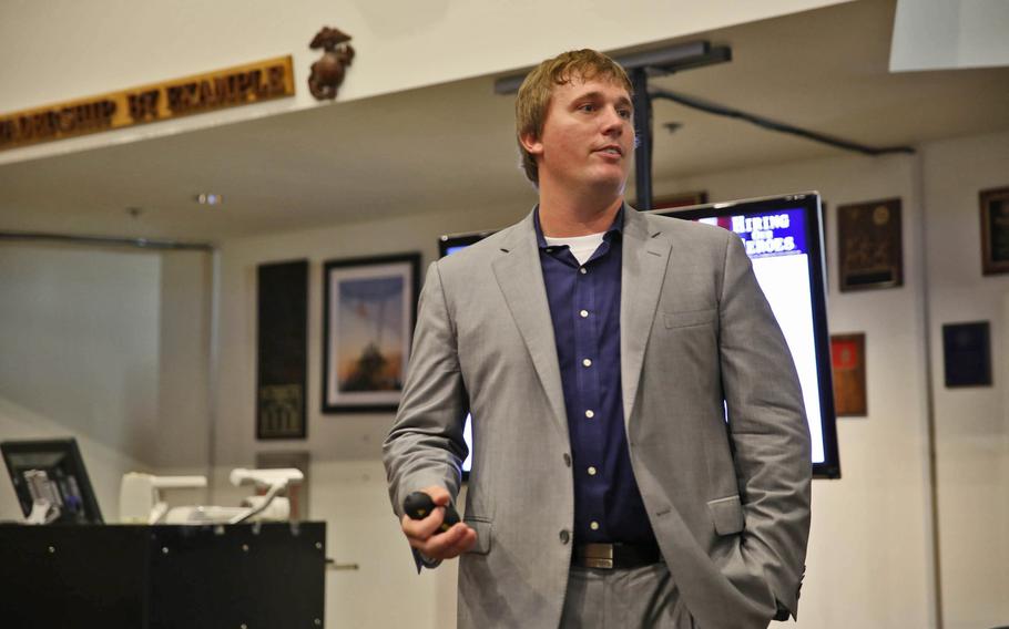 Former Marine and Medal of Honor Dakota Meyer offered a keynote speech about transitioning into civilian employment to veterans at the staff-noncommissioned officer academy at the School of Infantry-West, Marine Corps Base Camp Pendleton, Calif., Sept. 17, 2014.