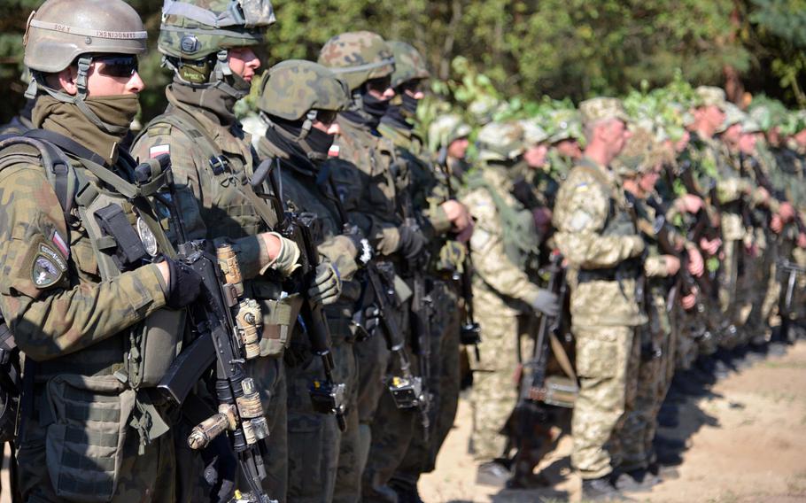 Polish and Ukrainian troops stand in formation after completing a cordon-and- search scenario at Exercise Rapid Trident near Yavoriv, Ukraine, Friday, Sept. 19, 2014. It was media and VIP day at the exercise,  where about 1,300 troops from 15 countries are taking part.