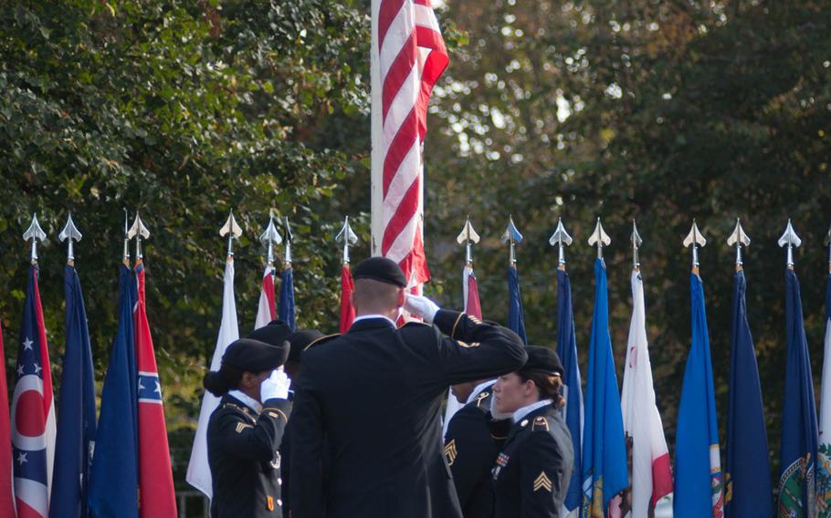 The American colors are lowered for the final time at the Ledward Barracks in Schweinfurt. The military base there closed after 70 years of service, Sept. 19, 2014.