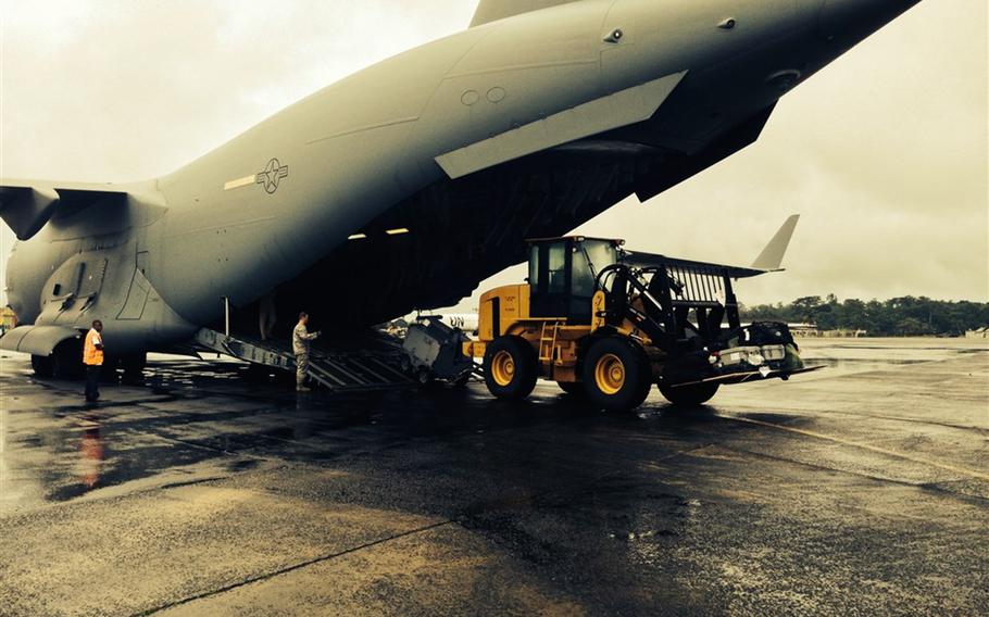 A C-17 U.S. military aircraft arrived in Liberia on Sept. 18, 2014, with the 1st shipment of U.S. military equipment and personnel for the anti-Ebola fight, which was promised by President Barack Obama in a speech Sept. 16, 2014, at the CDC.