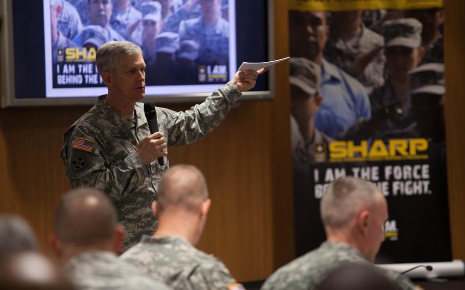 Lt. Gen. Donald M. Campbell Jr., commander of U.S. Army Europe, gives the opening remarks Tuesday, Sept. 23, 2014, at a 2-day summit on sexual assault in the Army.
