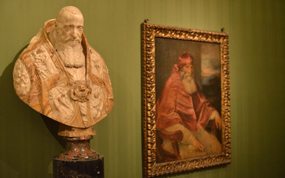 A bust of Pope Paul III stands next to a portrait at the Museo Nazionale di Capodimonte in Naples, Italy. The 16th-century pope was an art connoisseur whose collection was moved in part to Naples in the 19th century.