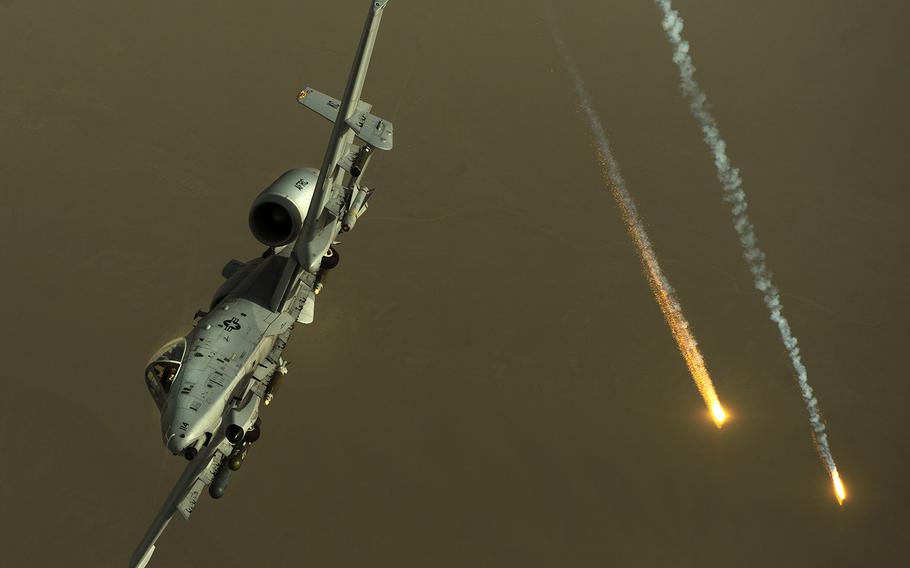 An Air Force A-10 Thunderbolt II peels away after getting fuel from a KC-135 Stratotanker over eastern Afghanistan on Aug. 16, 2014. The A-10's maneuverability at slow speeds and low altitude has made it one of the most utilized aircraft for close air support throughout Operation Enduring Freedom.