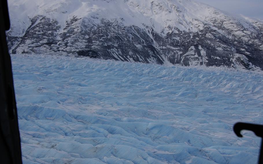 View of a glacier from an Alaskan Army National Guard Black Hawk helicopter.