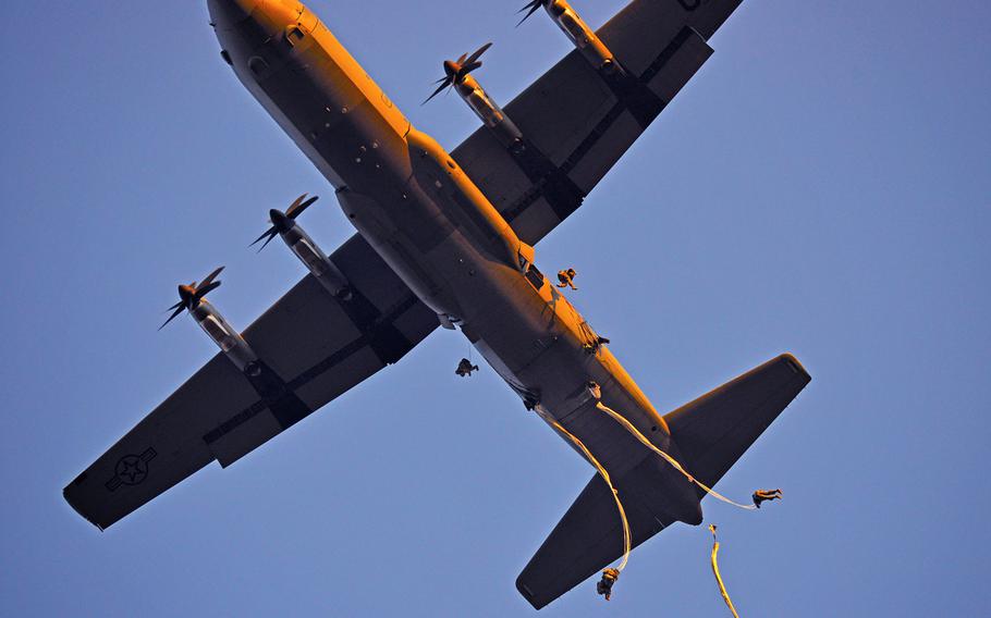 Paratroopers assigned to the 173rd Brigade Support Battalion, 173rd Airborne Brigade, conduct an airborne operation from a U.S. Air Force 86th Air Wing C-130 Hercules aircraft Feb. 19, 2015 at Juliet Drop Zone in Pordenone, Italy.