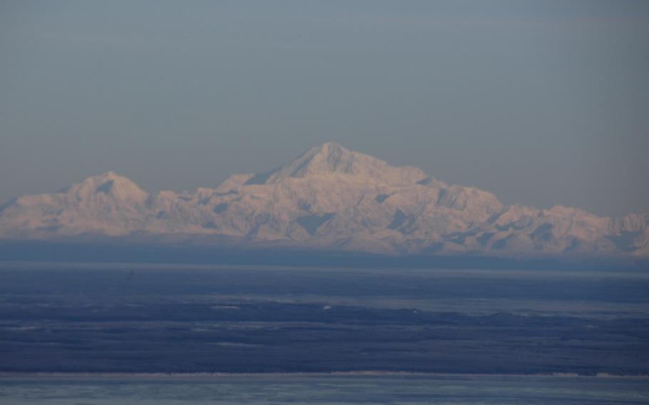 Mount McKinley, the highest mountain in North America, as seen from a hill overlooking Anchorage on a clear day in February 2015.