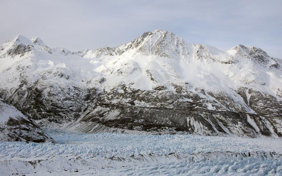 View of a glacier from an Alaskan Army National Guard Black Hawk helicopter. 

