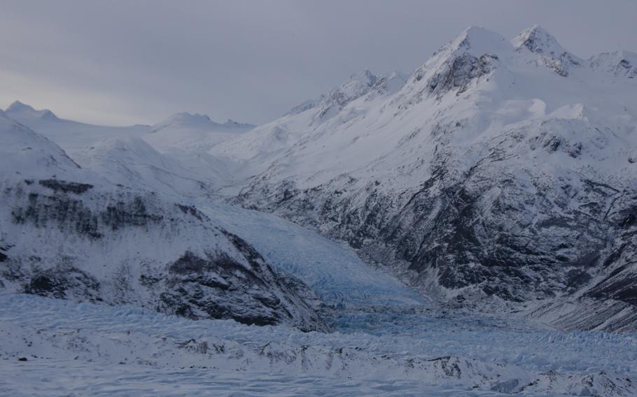 View of a glacier from an Alaskan Army National Guard Black Hawk helicopter.