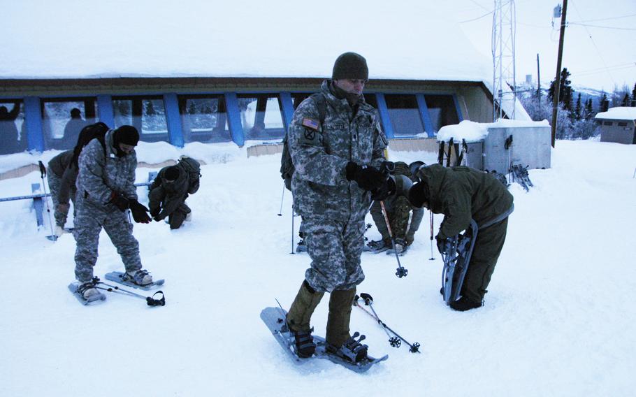 Skis or snowshoes are essential winter gear for moving across ranges at Black Rapids Training Site, Alaska.