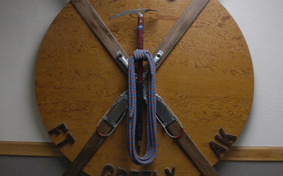Barracks at Black Rapids Training Site are decorated with old ski and mountaineering gear.