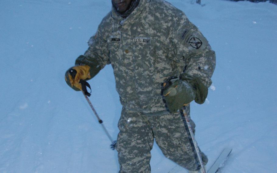 Maj. Philip Johnson, 36, of the 10th Mountain Division, practices cross country skiing at Black Rapids Training Site, Alaska in February.