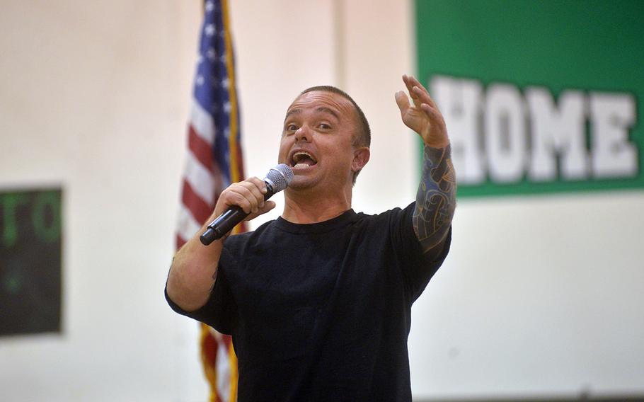 Jason "Wee Man" Acuna, star of the former TV show "Jackass," greets troops at the USO Spring Troop visit in Naples, Italy, on Monday, March 3, 2015. Acuna is one of 10 celebrities joining Vice Chairman of the Joint Chiefs of Staff Adm. James "Sandy" Winnefeld on the tour, which was to visit overseas military bases over seven days.