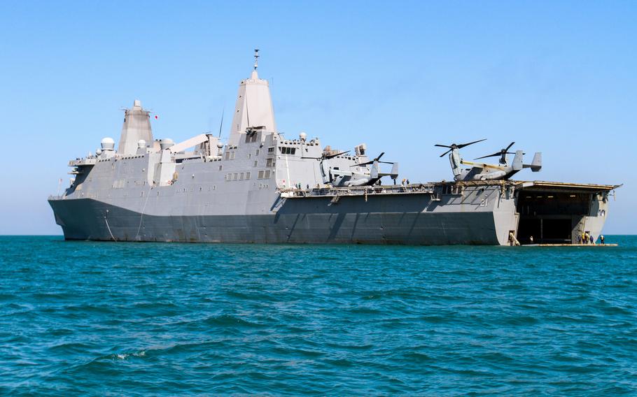 The Mayport, Fla.-based amphibious transport dock ship USS New York positioned off the coast of Kuwait March 1, 2015. The ship is on an eight-month deployment to the U.S. 5th Fleet area of responsibility as part of the Iwo Jima amphibious ready group.