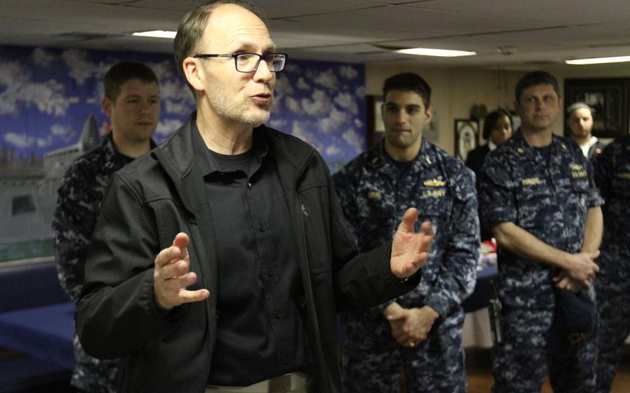 Douglas Silliman, the U.S. ambassador to Kuwait, thanks the crew of the amphibious transport dock ship USS New York for giving him a tour of the ship, Sunday, March 1, 2015. The ship is on an eight-month deployment to the U.S. 5th Fleet area of responsibility as part of the Iwo Jima amphibious ready group.
