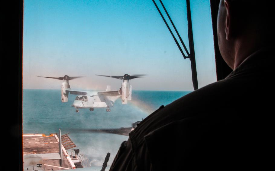 An MV-22 Osprey lands on the flight deck of the amphibious transport dock ship USS New York while it's anchored off the coast of Kuwait, on March 1, 2015. 