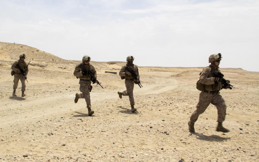 U.S. Marines and sailors assigned to the 26th Marine Expeditionary Unit conduct bilateral training with members of the Qatar Emiri Land Forces in Al Galail, Qatar, April 28, 2013. Eagle Resolve is an annual multilateral exercise designed to enhance regional cooperation by Gulf Cooperation Council nations and U.S. Central Command.