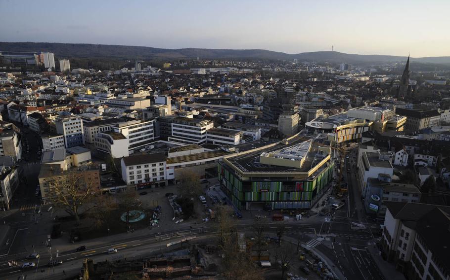 A bird's eye view of downtown Kaiserslautern, Germany, includes the city's new mall, a building with a green facade squeezed into the former Karstadt location. The indoor shopping gallery opens Wednesday, March 25, 2015.