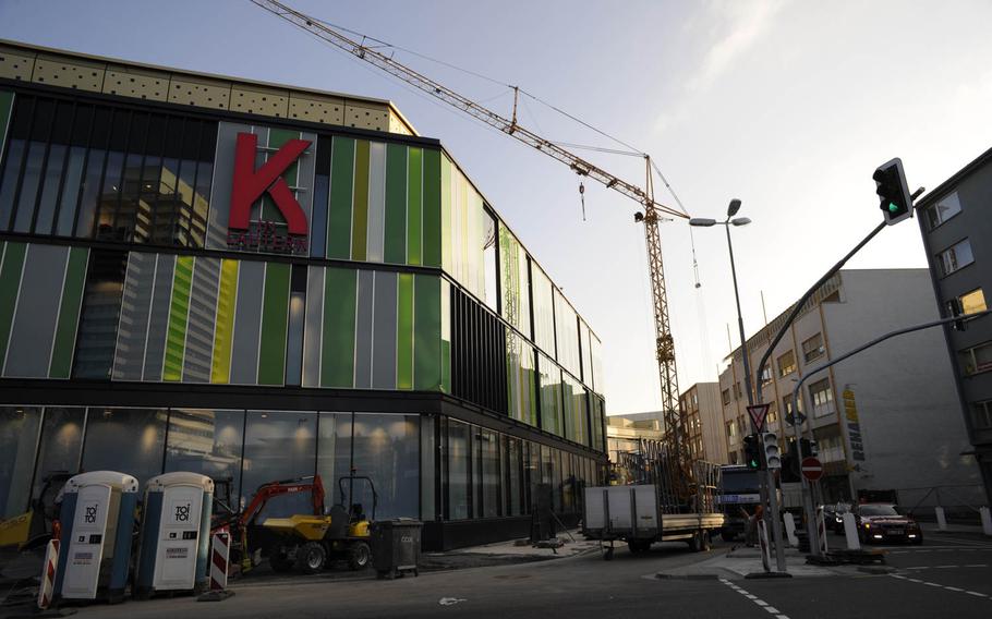 Cranes were still visible Sunday, March 22, 2015, at the new mall built in downtown Kaiserslautern, Germany. The mall, called K in Lautern, opens its doors at 8 a.m. on Wednesday, March 25, 2015. The mall will have some 100 stores, including about a dozen eateries.