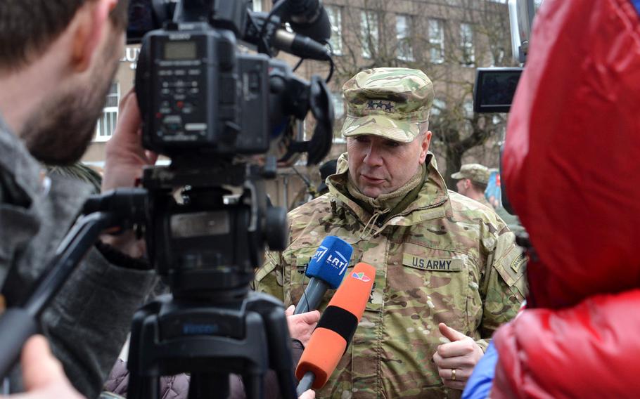Lt. Gen. Ben Hodges, U.S. Army Europe commander, is interviewed by Lithuanian media in Panevezys, Lithuania, on Monday, March 23, 2015. Hodges rode into town on a Stryker that was part of 3rd Squadron, 2nd Cavalry Regiment's  Dragoon Ride from Lithuania and Estonia to their home base in Vilseck, Germany.