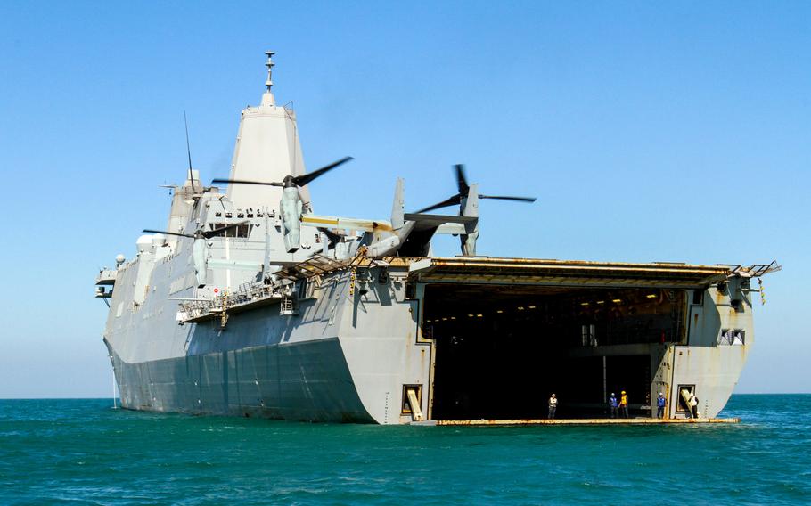 The amphibious transport dock ship USS New York positioned off the coast of Kuwait, Feb 27, 2015.