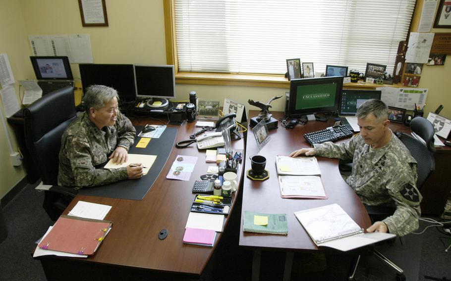 2nd Infantry Division civil affairs officer Lt. Col. Gil Kwon, left, and his deputy, Lt. Col. Michael Cole have shared an office at Camp Red Cloud, South Korea since Kwon and 30 other South Korean officers joined the division in January.