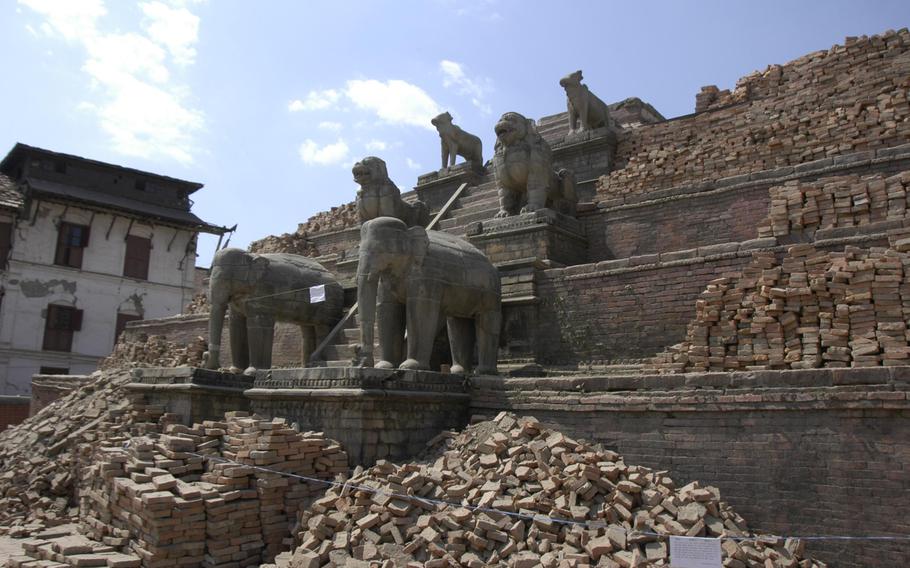 An earthquake-damaged temple in Bhaktapur, Nepal, Tuesday, May 5, 2015.