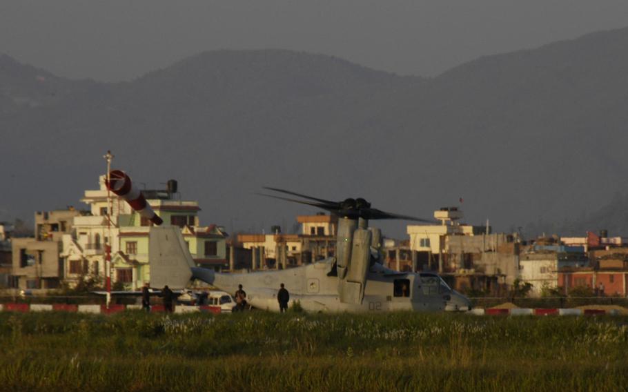 A Marine Corps MV-22 Osprey tilt-rotor aircraft at Kathmandu's international airport Sunday, May 3, 2015. U.S. Pacific Command has activated a 500-man task force to deploy to Nepal.