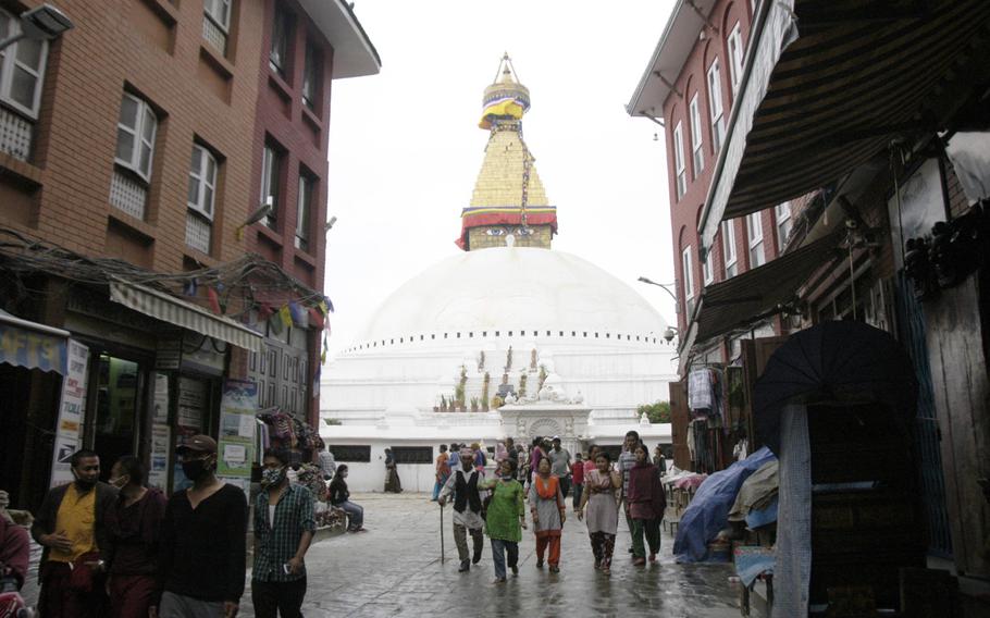 A street leading to the Boudhanath Stupa in Kathmandu, Nepal. Many relief workers who have been in Nepal since the April 25 earthquake stopped at the stupa May 9, 2015, on their way out of town.