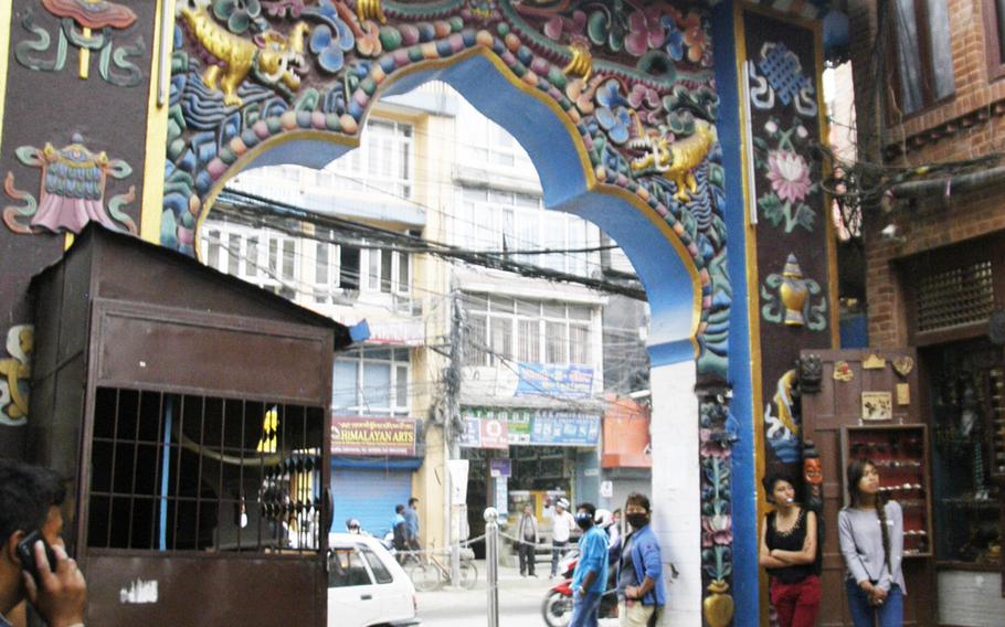 A gate beside the Boudhanath Stupa in Kathmandu, Nepal, on Saturday, May 9, 2015. Relief workers spent time May 9 touring the city as they prepared to leave town.