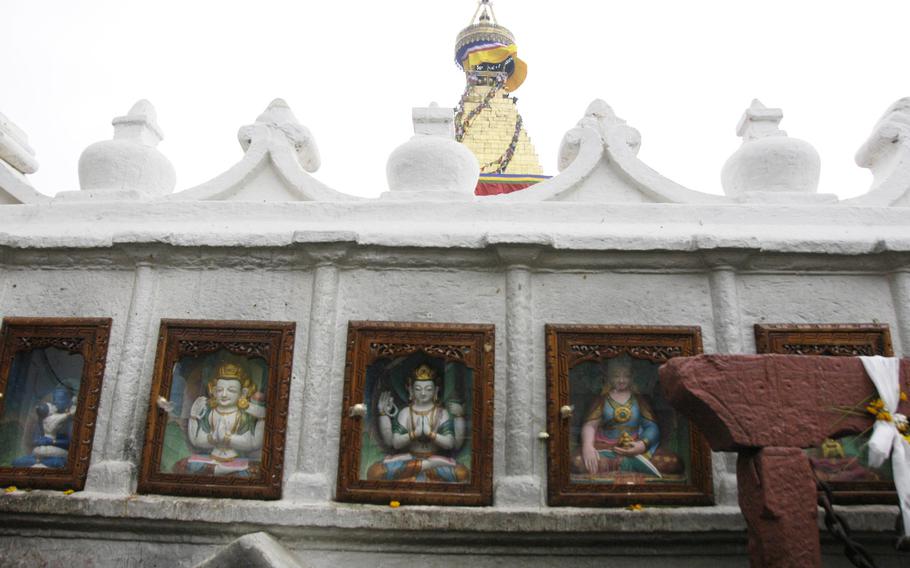 Buddhist art decorates the Boudhanath Stupa in Kathmandu, Nepal, on May 9, 2015. Relief workers spent time on May 9 touring the city as they prepared to leave town.