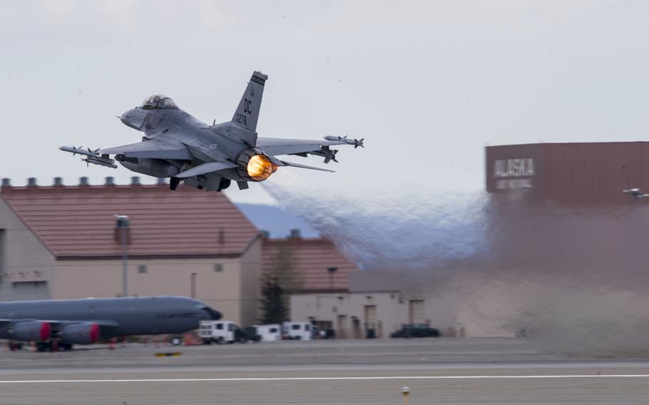 An F-16 Fighting Falcon assigned to the 121st Fighter Squadron, District of Columbia Air National Guard, takes off from Eielson Air Force Base, Alaska, May 5, 2015, during RED FLAG-Alaska 15-2.