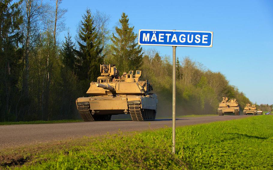 A convoy of M1A2 Abrams Battle Tank from 7th Infantry Regiment, 1st Armored Brigade Combat Team, 3rd Infantry Division out of Fort Stewart, Ga., rolls through the town of M??etaguse, Estonia, during Operation Siil held in Johvi, Estonia, on May 10, 2015. They are deployed as part of Operation Atlantic Resolve, a multinational partnership focused on joint training and security cooperation between the U.S. and NATO allies.