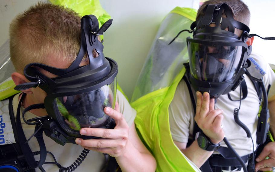 Members of the 388th Chemical Biological Radiological Nuclear Company participate in a Mass Casualty Decontamination training event during Battle Assembly at Fort McCoy and Volk Field, Wis., on May 8-10, 2015. 

Catherine Threat/U.S. Army