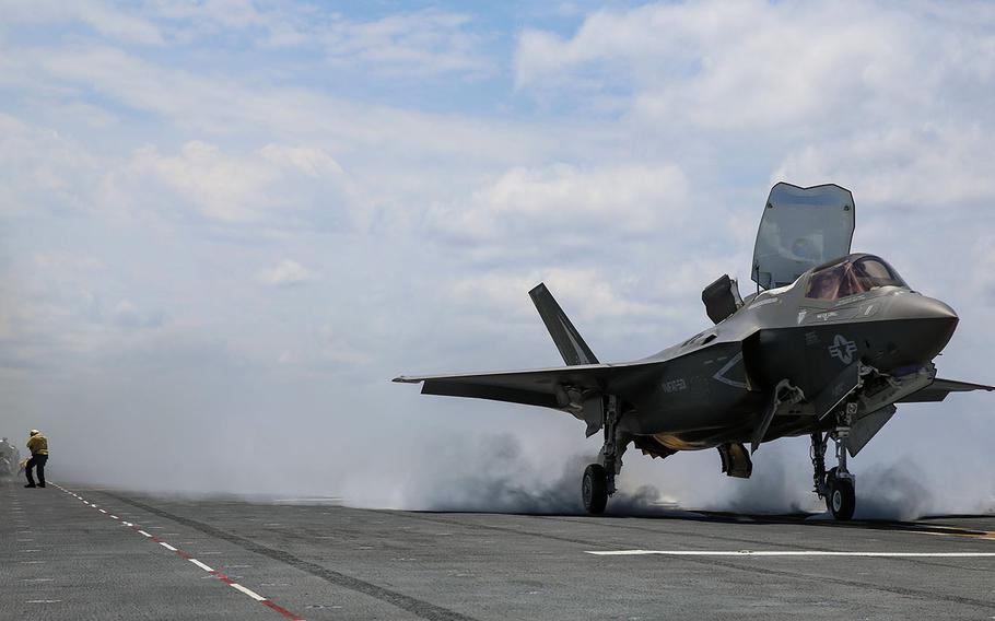 An F-35B Lightning II takes off on the flight deck of USS Wasp (LHD-1) during routine daylight operations, a part of Operational Testing 1, May 22. The F-35B is the future of Marine Corps aviation and will be replacing three legacy platforms: The AV-8B Harrier, the F/A Hornet and the EA-6B Prowler. The F-35B is with Marine Fighter Attack Training Squadron 501, Marine Aircraft Group 31, 2nd Marine Aircraft Wing.