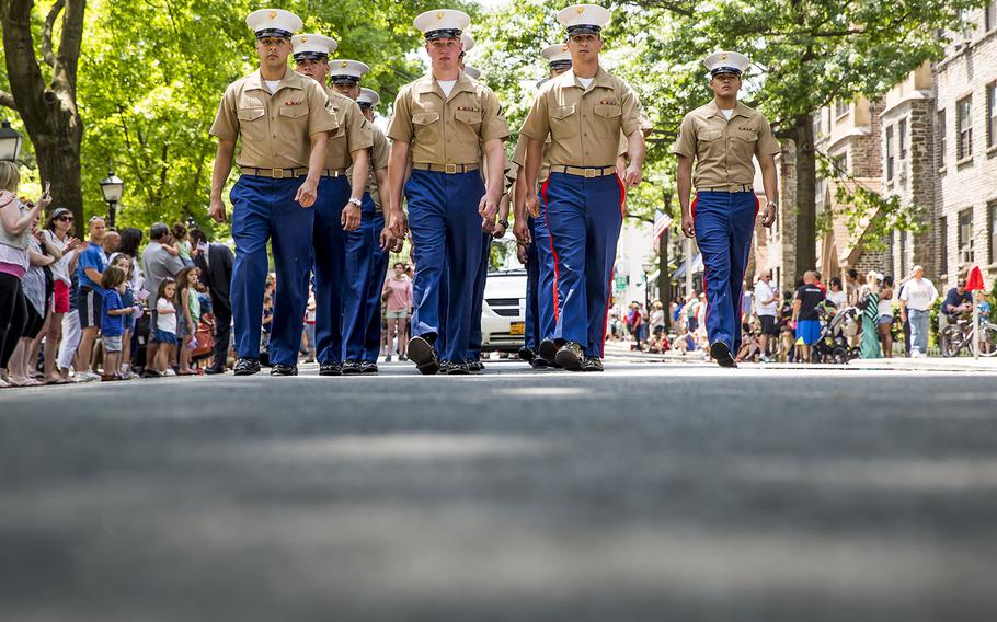 Marines attached to the USS San Antonio march in the Pelham Memorial Day Parade for Fleet Week New York, May 25, 2015. Marines and sailors from various units across the United States come together every year for Fleet Week New York 2015.