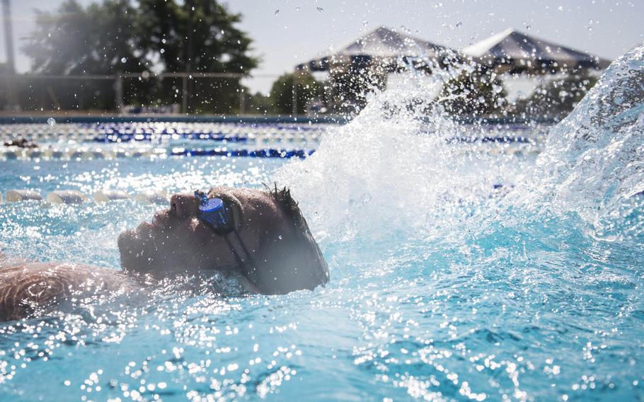 Retired Staff Sgt. Nicholas Dadgostar, an Air Force wounded warrior athlete, practices his backstroke during the Warrior Games Training Camp at Eglin Air Force Base, Fla., on June 18, 2015.