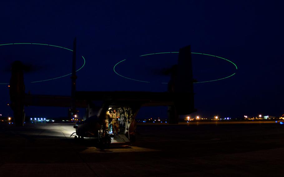 A CV-22B Osprey assigned to the 7th Special Operations Squadron lands after participating in an exercise on June 25, 2015, at RAF Mildenhall, England. The exercise provided airmen from the 321st Special Tactics Squadron to train and remain certified.