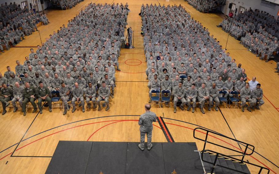 Chief Master Sgt. of the Air Force James Cody addresses personnel at Osan Air Base, Republic of Korea, on Thursday, July 2, 2015.