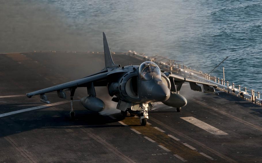 An AV-8B Harrier jet, assigned to Marine Attack Squadron (VMA) 311, begins its launch from the flight deck on forward-deployed amphibious assault ship USS Bonhomme Richard (LHD 6). Bonhomme Richard is in the Indian Ocean participating in Talisman Sabre 2015, a bilateral exercise intended to train Australian and U.S. forces in planning and conducting combined task force operations.