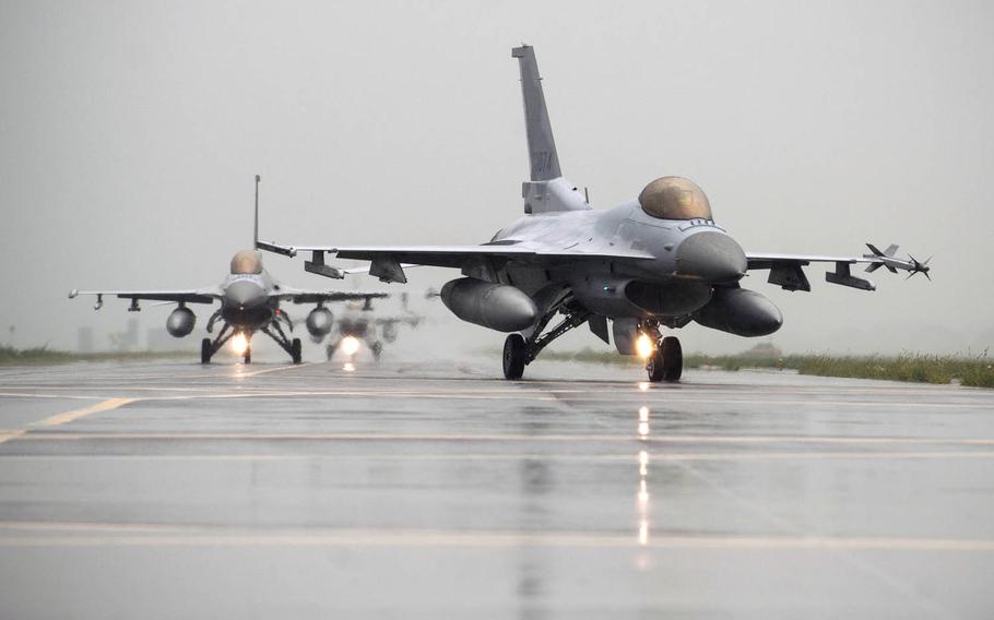 F-16 Fighting Falcons from Kunsan Air Base and South Korean KF-16s taxi to the runway together during an exercise at Seosan Air Base, South Korea, on Aug. 21, 2014. The U.S. State Department has approved a possible $2.5 billion sale in F-16 upgrades to South Korea as part of Seoul's effort to revamp its aging fighter jet fleet. Congress has 30 days to block the sale.