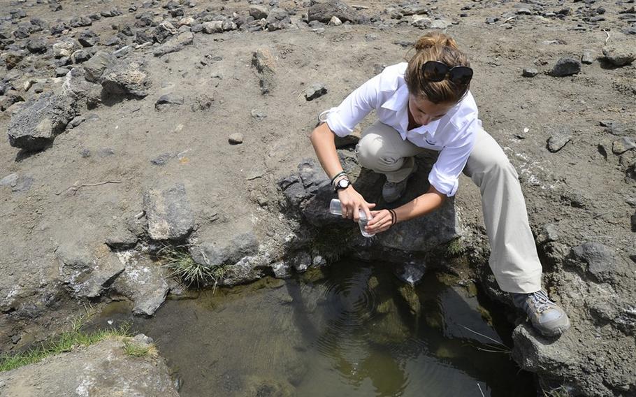 Army Spc. Caitlyn Lacomb, 404th Civil Affairs Battalion, collects a water sample in a creek near the arid Lake Abbe in Djibouti, May 20, 2015. Village elders said it has not rained in two years, causing a drought and increasing malnourishment amongst the population. A study released this week calls for countries to consider worst-case scenarios when examining the effects of climate change, to include failures of entire nations, terrorism, and resource competition.