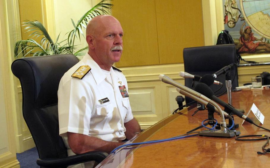 Pacific Fleet commander Adm. Scott Swift speaks with reporters at the New Sanno Hotel in Tokyo on Tuesday, July 21, 2015. Swift said he wants a deeper relationship with China's military, but remains concerned about its lack of transparency.